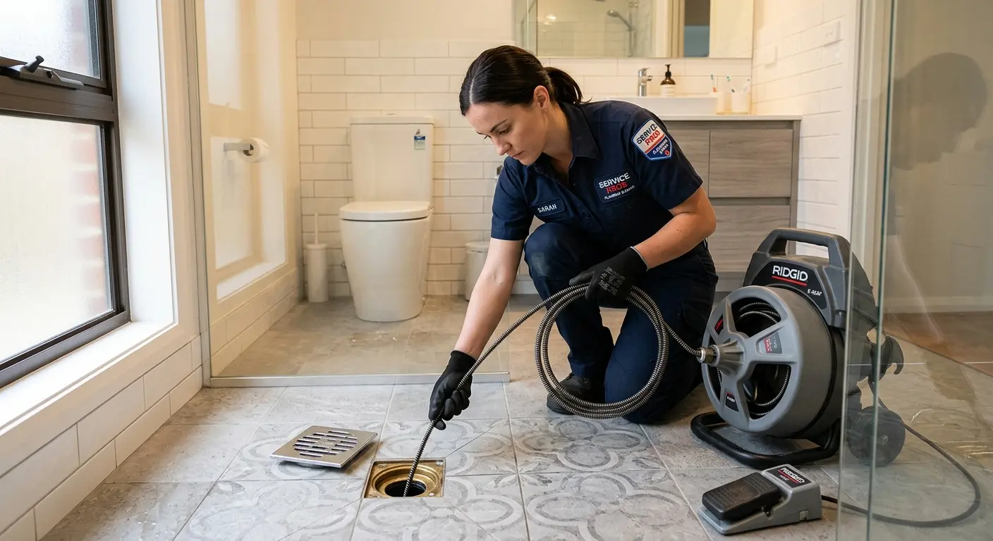 Technician clearing a bathroom floor drain for Drain Repair in Sanford
